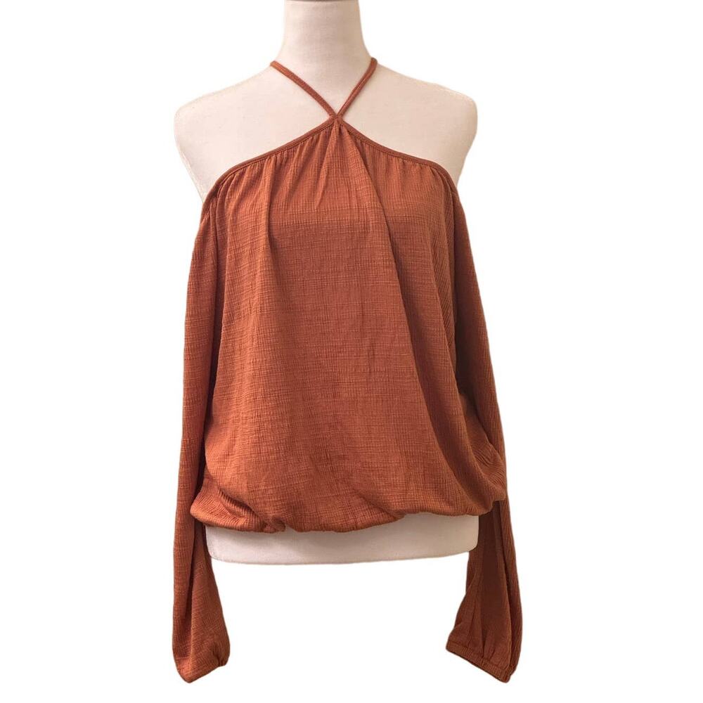 American Rag Cie Orange Blouse Top Cold Shoulder Keyhole Neck Strap Size Large
